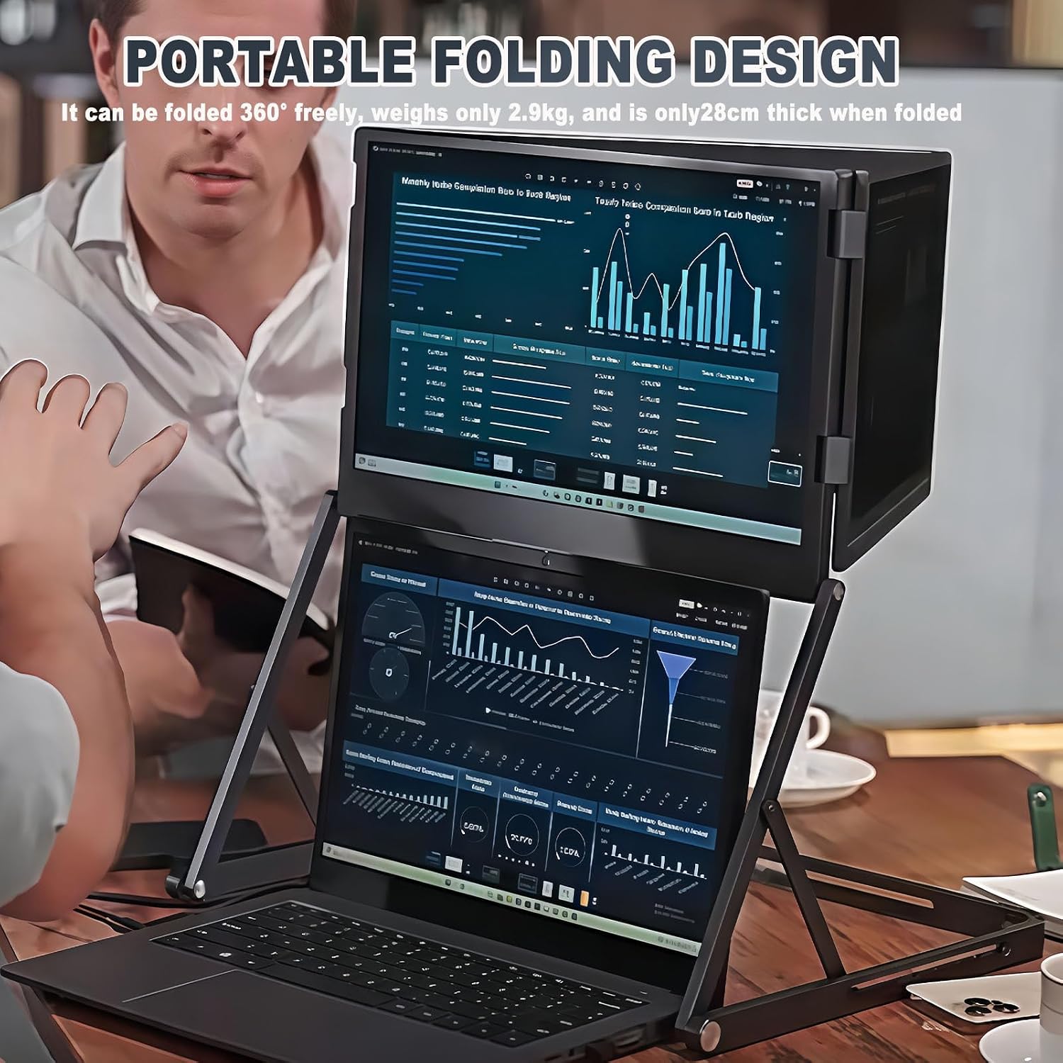 Triple Screen Portable Monitor, 15.6'Laptop Tri-Fold Monitor, Eaturing 1080p Fhd Resolution with 360° Rotation Adjustable Viewing Angles Compatible with Wi Ndows and Macos