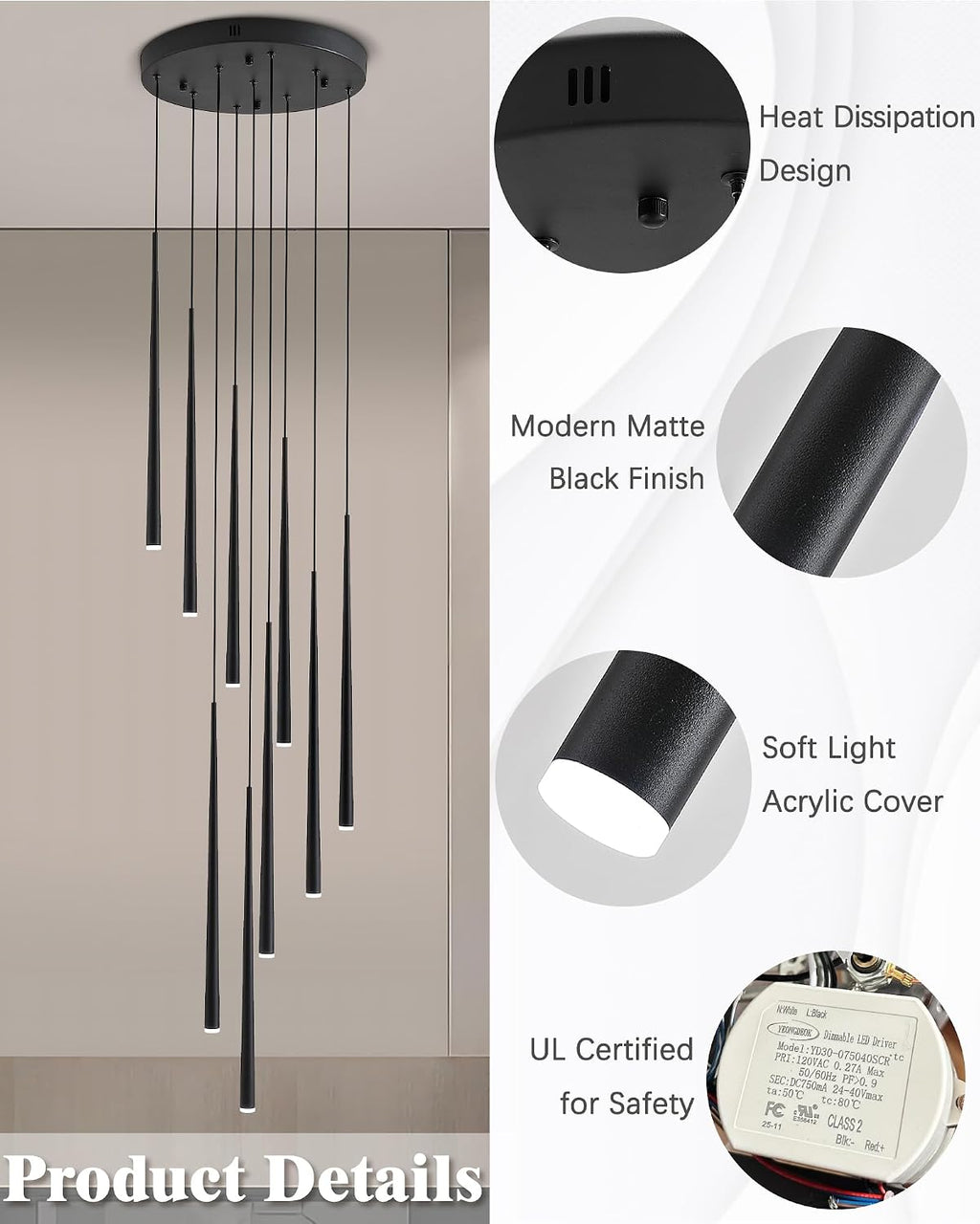 9-Light LED High Ceiling Chandelier, Modern Black Long Linear Pendant Chandelier for Staircase Entryway Foyer, Large Dimmable Hanging Light with 3 Color Temperatures