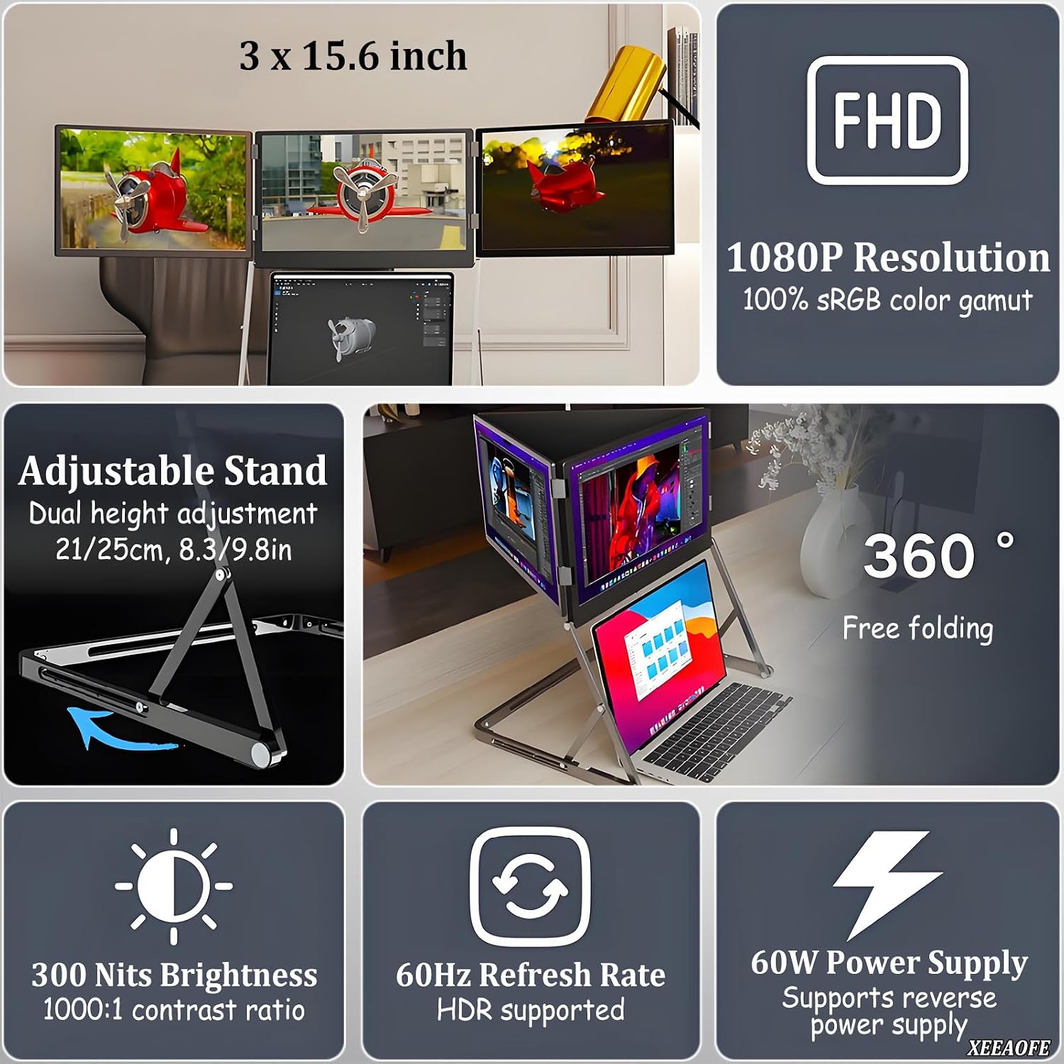 3 Screen Monitor with 1080p FHD IPS Display, 15.6' Portable Triple Monitors for Laptop, Monitor with 360° Rotation Adjustable Viewing Angles