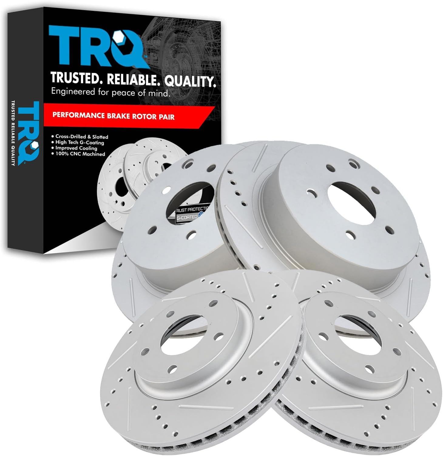 TRQ Performance Front Rear Brake Rotor Set Drilled Slotted Vented G Coated Compatible with 2004-2009 2004-2017 Nissan Quest