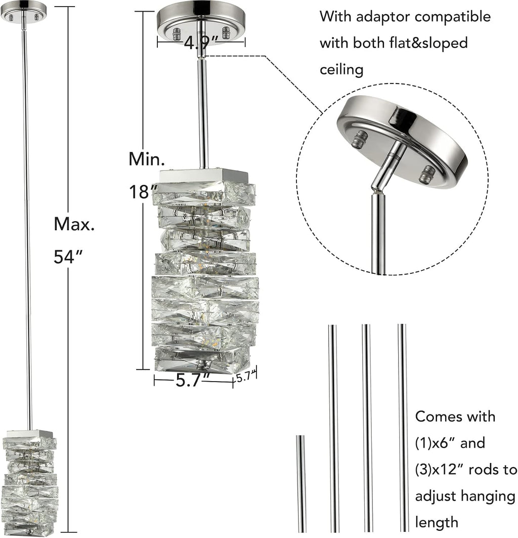 Modern Crystal Pendant Light Bathroom LED Chrome Mini Pendant Lights Kitchen Island, 8W, 4000K, NOT Dimmable
