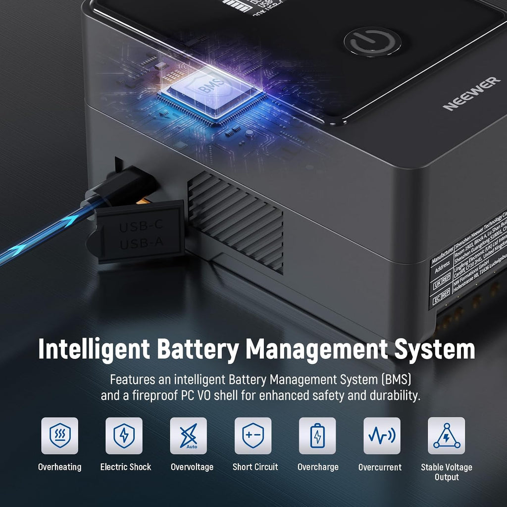 NEEWER Mini V Mount Battery, 6800mAh 99Wh V Lock Battery, PD65W Fast Charging/D Tap/BP/USB A/Dual DC Port/OLED Display for Camcorder Video Camera Compatible with SmallRig BMPCC 4k 6k, PS099E