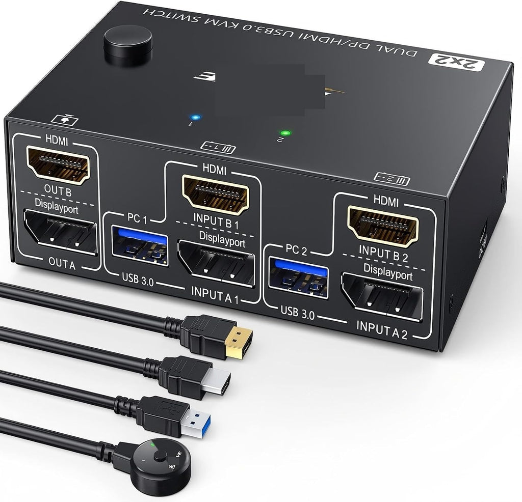 USB 3.0 Dual Monitor KVM Switch HDMI Displayport 4K@60Hz,2K@120Hz,2 Monitors 2 Computers Mixed Display KVM Switch Share 4 USB3.0(202DP)