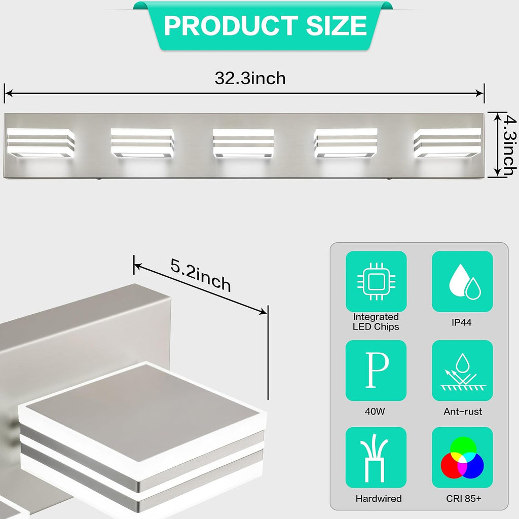 SOLFART LED Bathroom Lighting Fixtures - 5 Lights Modern Brushed Nickel Acrylic Vanity Lights for Mirror 32inch 24W