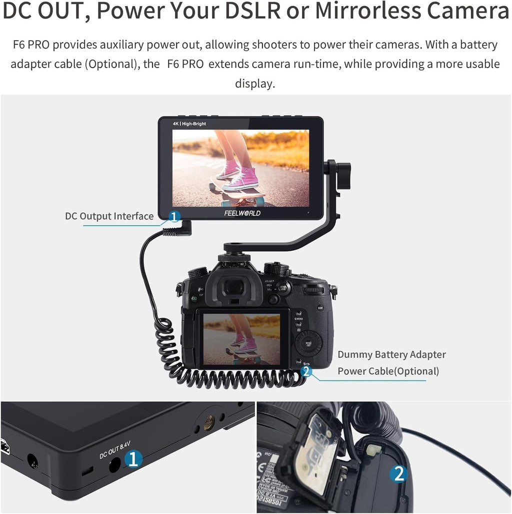 FEELWORLD F6 Pro +Battery +Carry Case 5.5 Inch 1600nits High Bright DSLR Camera Field Monitor with Touchscreen Waveform 3D LUT F970 External Kit Install 4K HDMI in Out Type-c Input