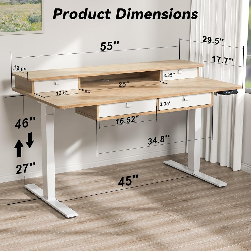 FiCiHi Adjustable Height Standing Desk with 4 Drawers,55 x 30 inches Electric Sit Stand Home Office Desk with Two Tiers, 3 Memory Presets, Monitor Stand Riser, USB A/C Charging Port