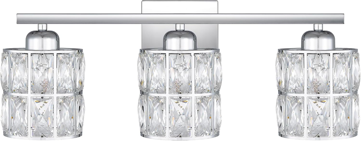 Quoizel Gibson 21' Glam Vanity Light, 3-Light, Polished Chrome Clear Crystal Glass, Dimmable, Up/Down Mount, ETL Damp-Rated