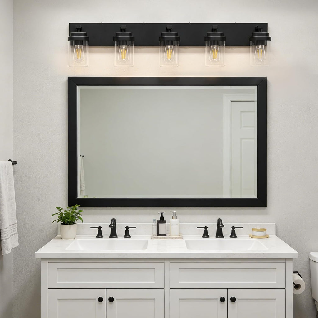 Black Bathroom Light Fixtures, 5 Lights Bathroom Lighting Fixtures Over Mirror, Square Design & Rectangle Large Backplate, Modern Vanity Lighting Fixtures, for Bathroom/Living Room/Bedroom