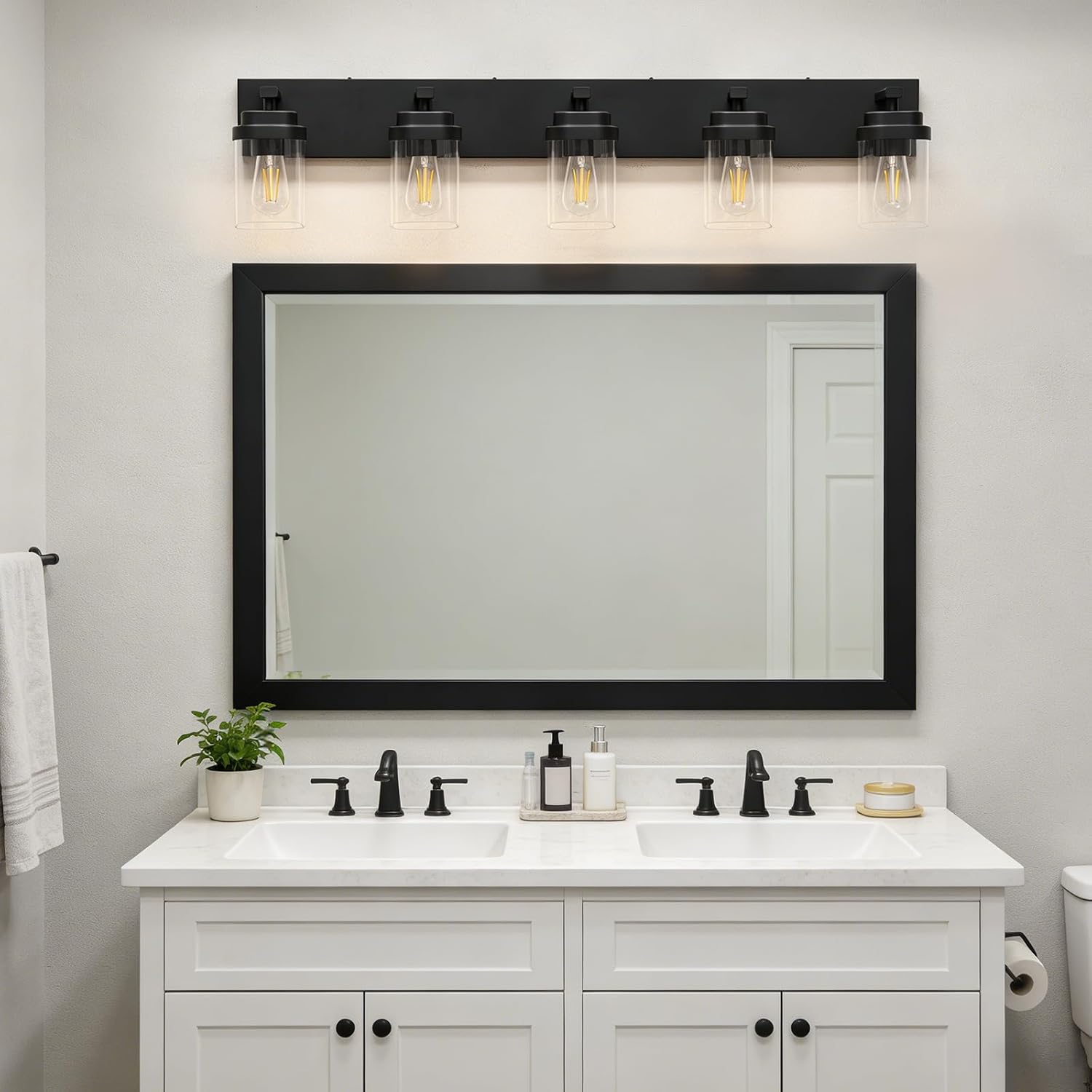 Black Bathroom Light Fixtures, 5 Lights Bathroom Lighting Fixtures Over Mirror, Square Design & Rectangle Large Backplate, Modern Vanity Lighting Fixtures, for Bathroom/Living Room/Bedroom