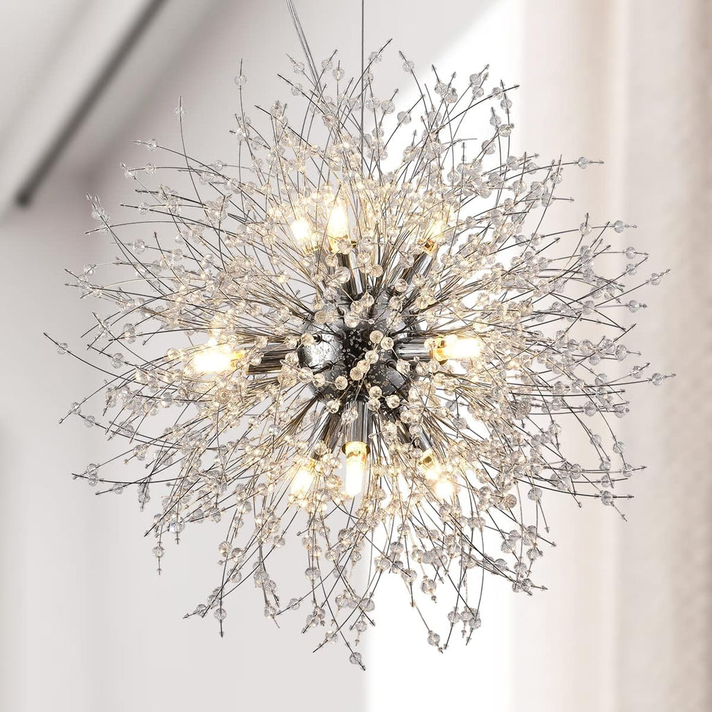 Firework Crystal Chandeliers, 9-Light Stainless Steel Dandelion Chandelier Chrome, 19.6' Modern Sputnik Pendant Lighting for Bedroom Dining Room