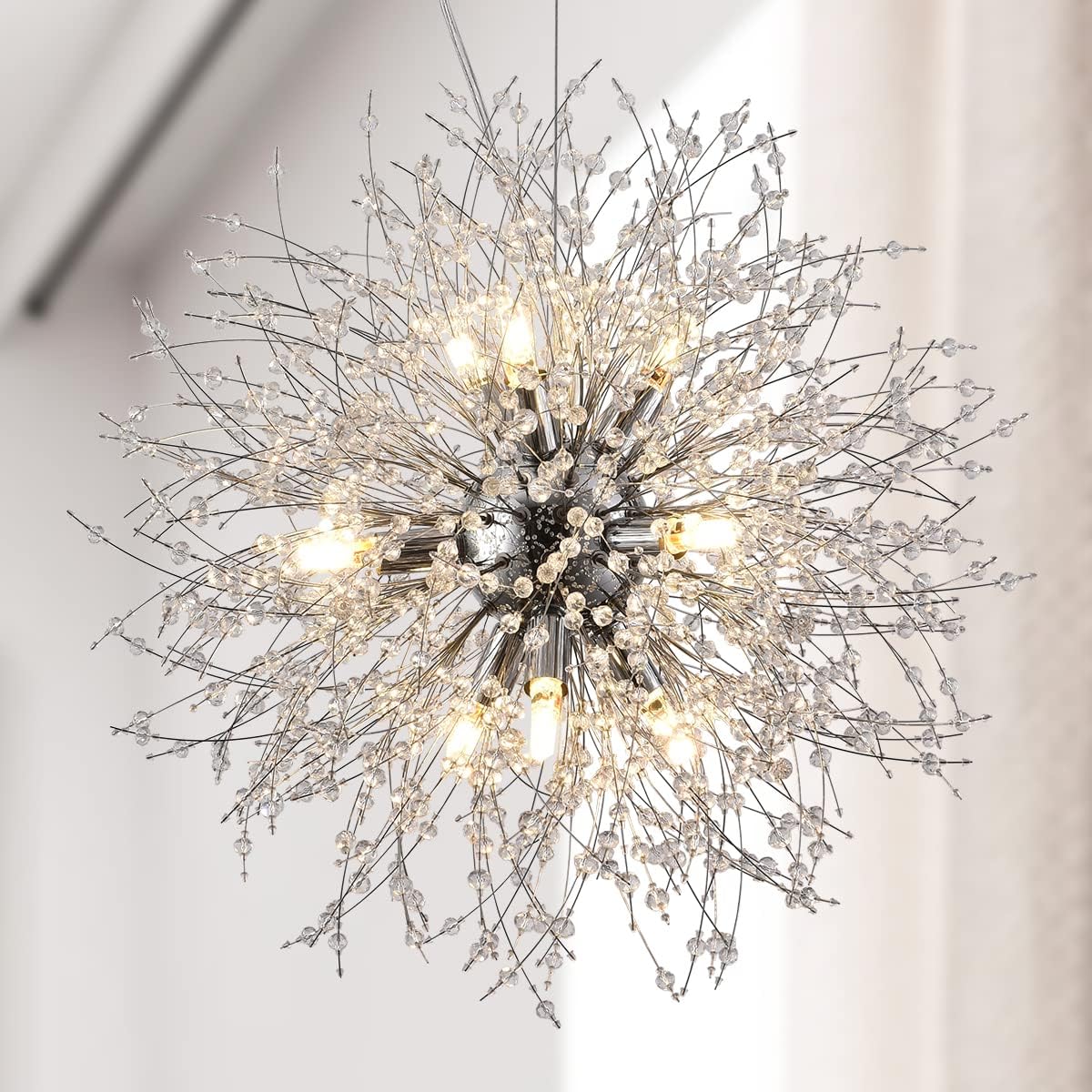Firework Crystal Chandeliers, 9-Light Stainless Steel Dandelion Chandelier Chrome, 19.6' Modern Sputnik Pendant Lighting for Bedroom Dining Room