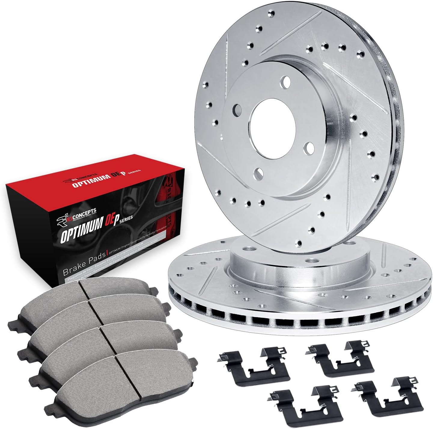 R1 Concepts Front Brake Kit Fits 2003-2005 Honda Civic Hybrid Sedan; 2007-2008 Honda Fit; 2007-2008 Honda Fit USA/CANADA| Optimum Oep Pads, Drilled Slotted Rotors| Hardware| 10.3' Front
