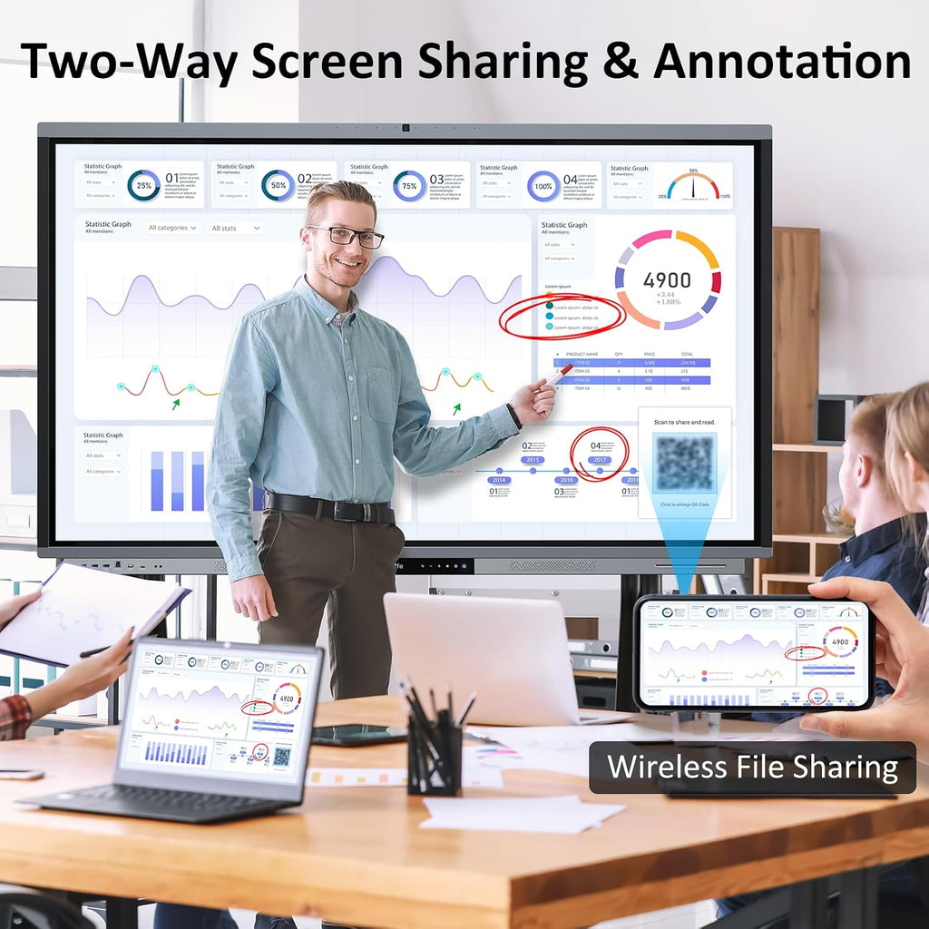 Shiarffe R9 Smart Board 75 Inch 4K Interactive Whiteboard 16GB RAM + 256GB Storage All-in-One Touchscreen Monitor Built-in 50MP AI Camera Mics and 60W Speaker for Classrom Hybrid Work (Board Only)