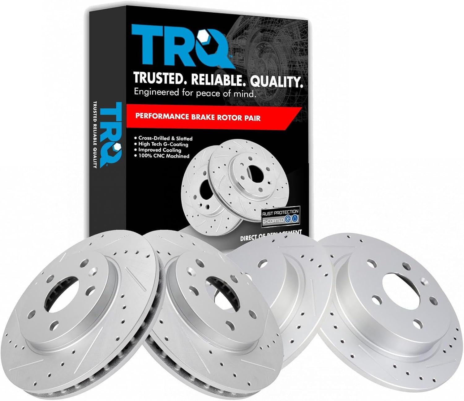 TRQ Performance Front and Rear Brake Rotor Set G Coated Drilled and Slotted Compatible with 2012-2016 Buick LaCrosse 2011-2016 Regal 2013-2015 Chevrolet Malibu 2016 Malibu Limited