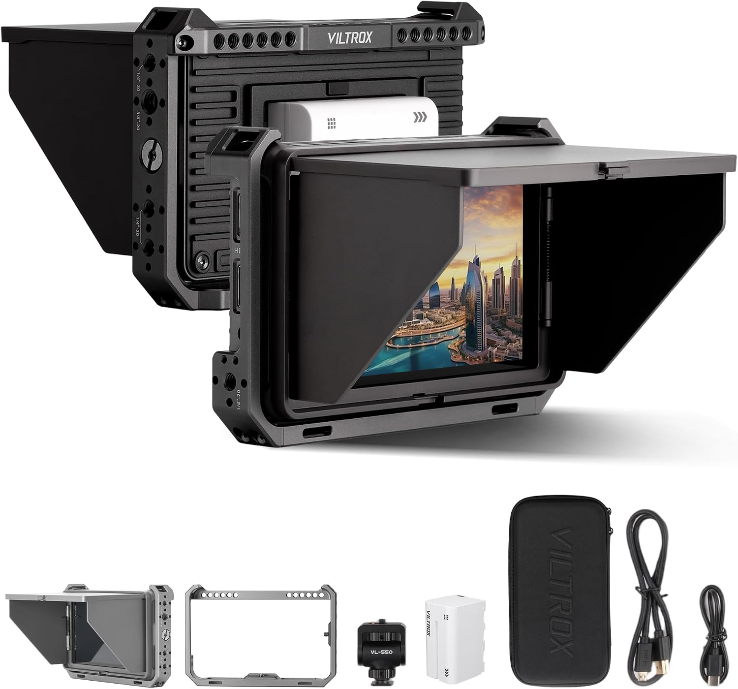 VILTROX Camera Field Monitor with Rig Cage 4K 2000Nits 6 Inch Touchscreen Camera Monitor, Full HD 1920x1080 Video Monitoring, 3D Lut, 3G-SDI, HDMI Camera Screen with Sunshade Hood for Sony Canon Nikon