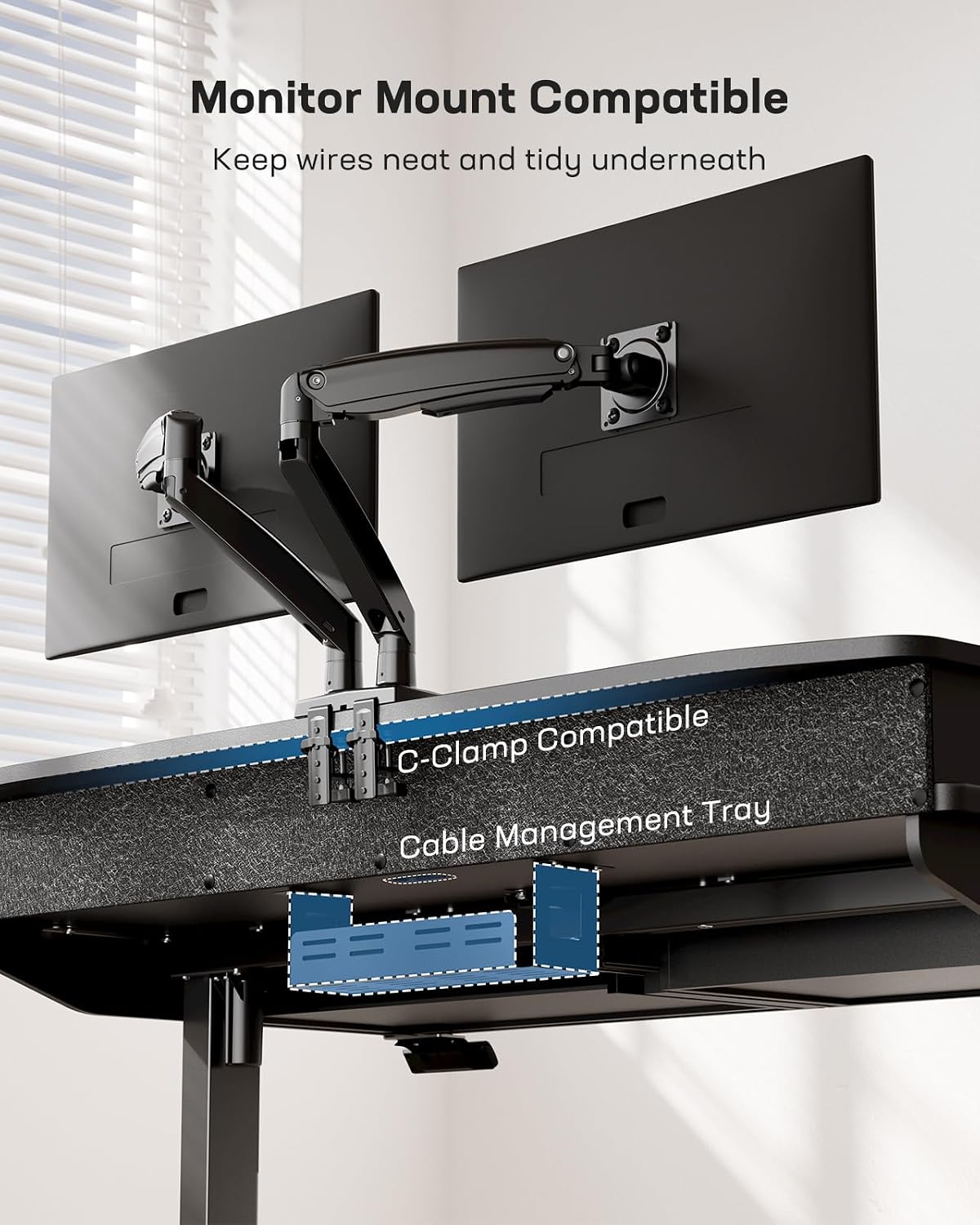 HUANUO 48 x 30 inch Electric Standing Desk with Wood Drawers, Adjustable Height Sit Stand Home Office Desk with Two Tiers, Ergonomic Adjustable Stand up Desk C-Clamp Monitor Mount Compatible, Black