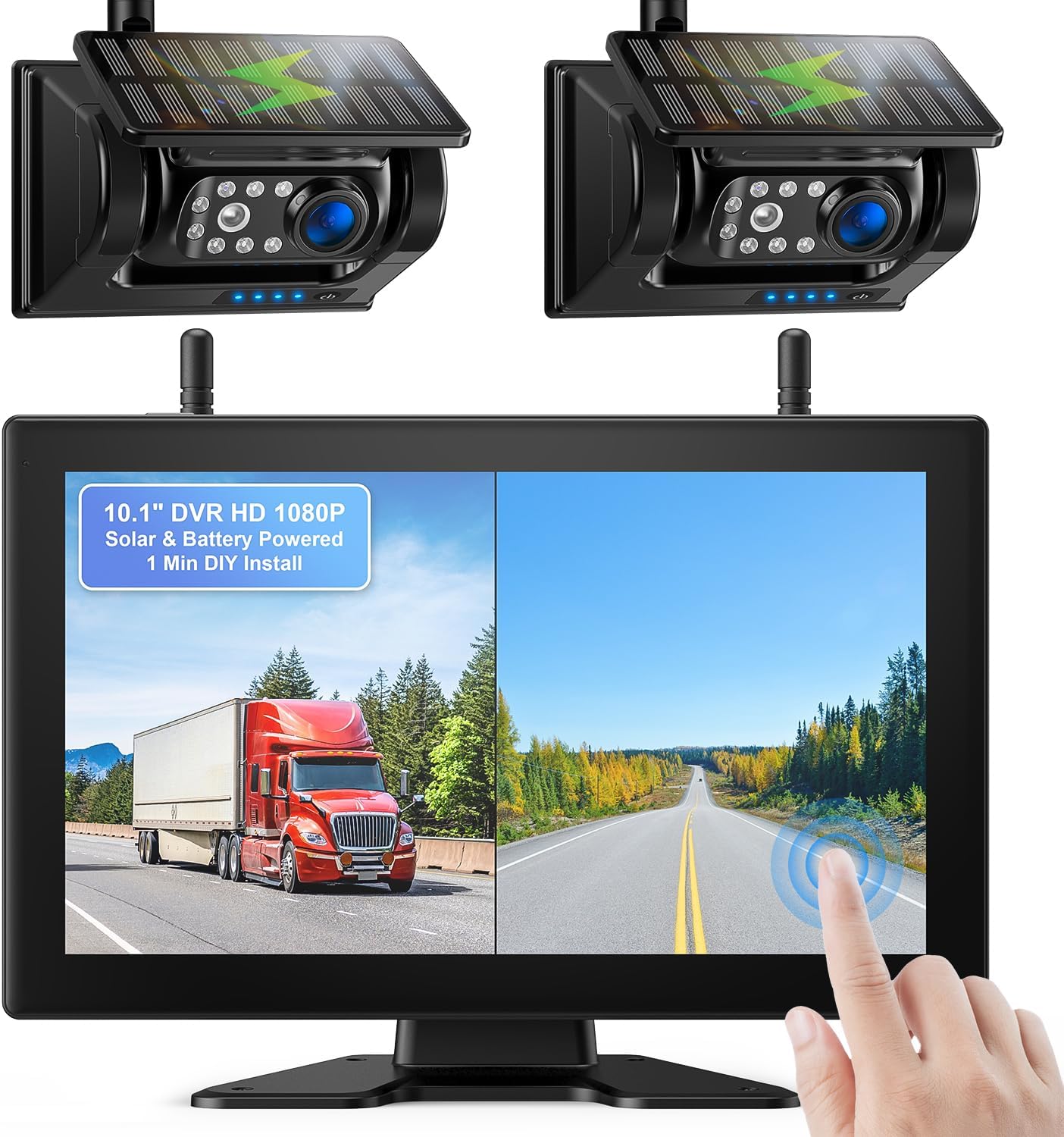 Fookoo 10.1' Solar Magnetic Wireless Backup Camera HD 1080P Touchscreen Monitor 1 Min DIY Install Portable Scratch-Proof No Drilling DVR Rechargeable Night Vision for RV Truck Camper - DCM1002