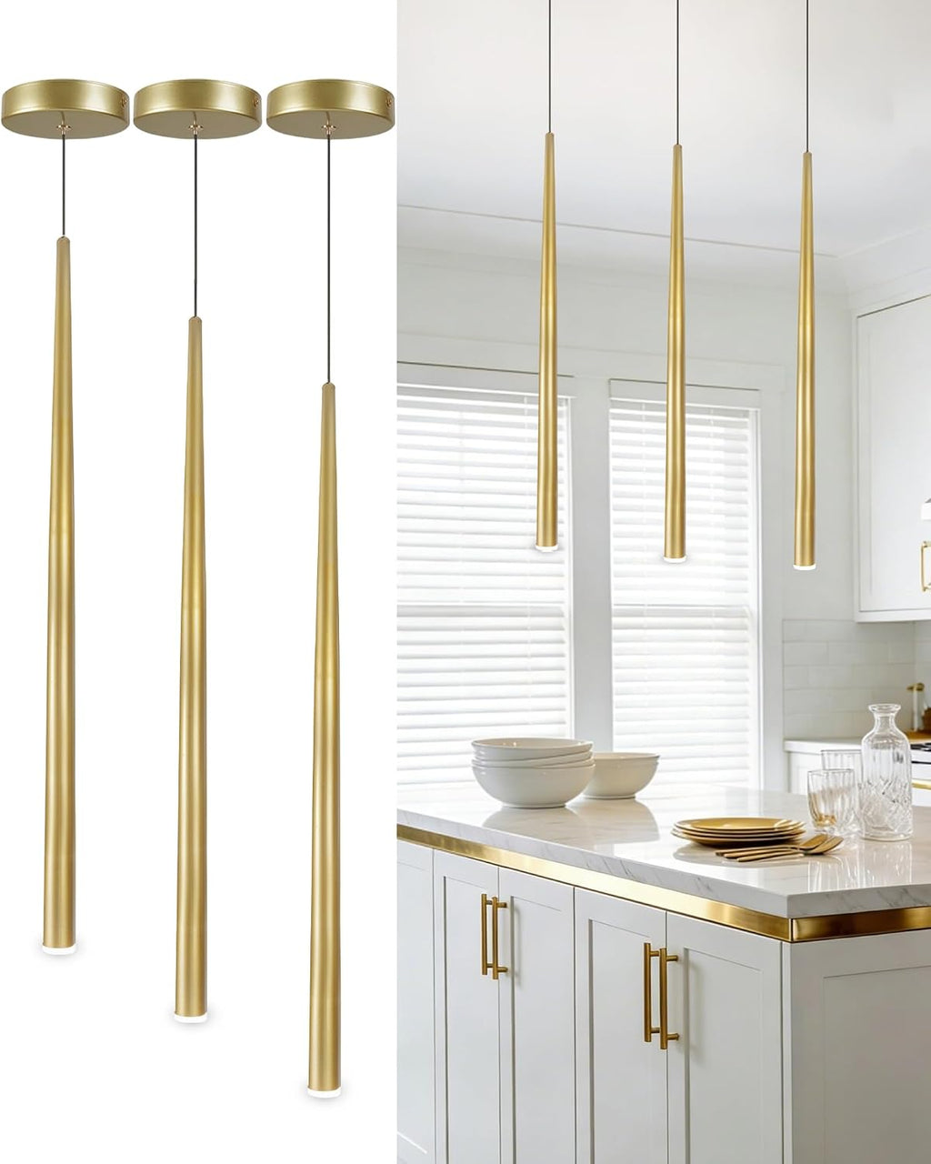3 Pack Modern Brass Gold Pendant Lights, 27.5' Contemporary Tube Tapered Cylinder Hanging Light Fixture with Dimmable 4000K LED for Kitchen Island, Dining Room, Bar, Bathroom