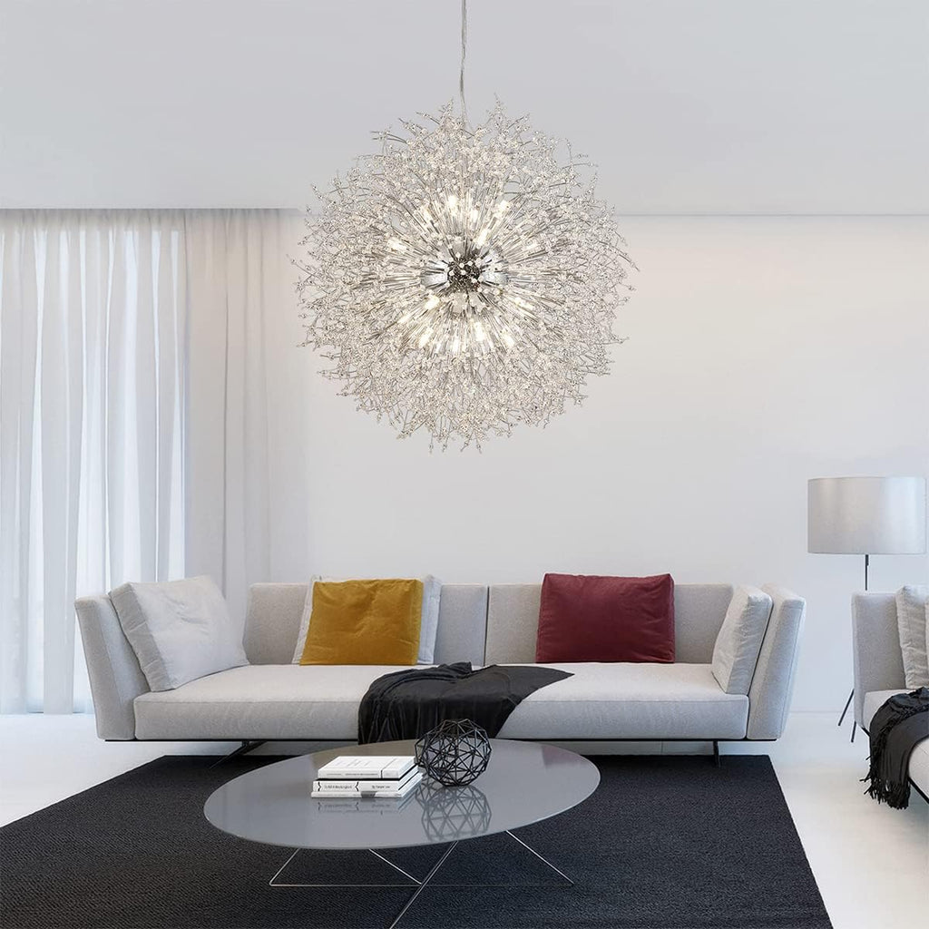 Modern Crystal Chandelier, 24-Light Firework Pendant Crystal Chandelier Chrome, 39.3' Large Dandelion Ceiling Light Fixture for Living Room Foyer Hallway