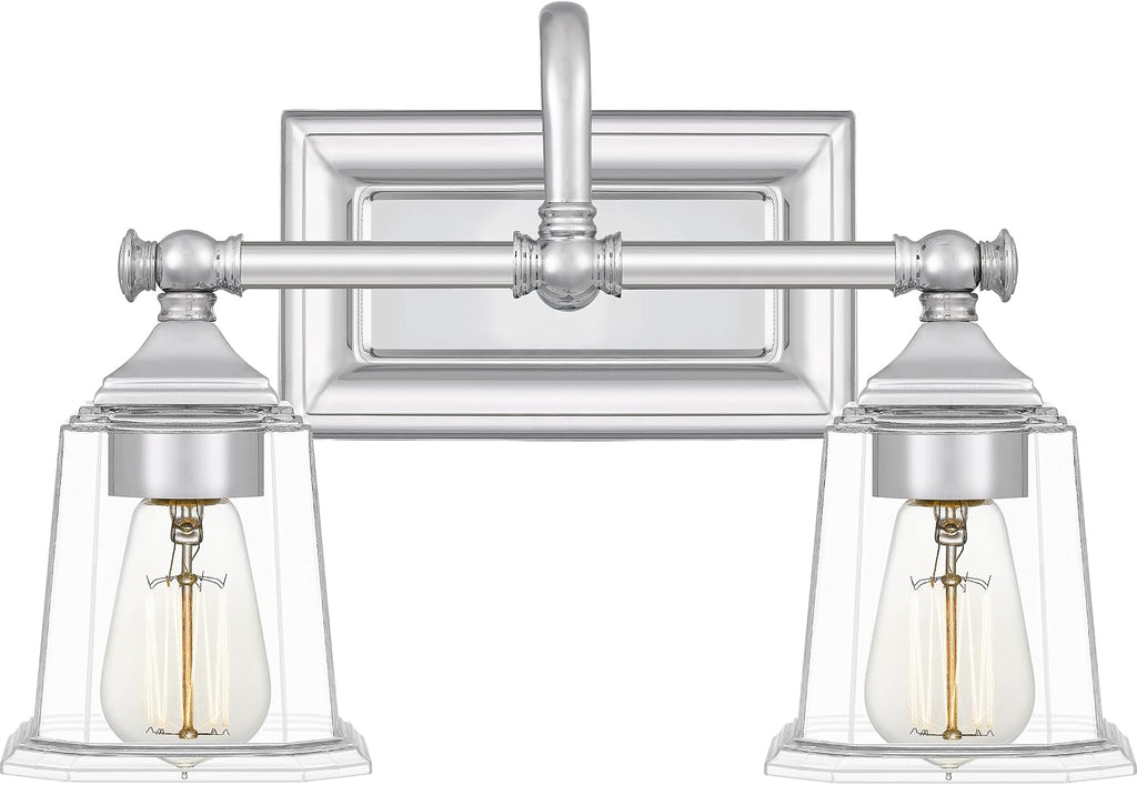 Quoizel Nicholas Vanity Lights, 15 Inch 2-Light Polished Chrome Bathroom Lighting Fixtures Over Mirror, 100W, Clear Glass, Mid-Century Wall Mount Light for Bathrooms, Kitchen or Hallway