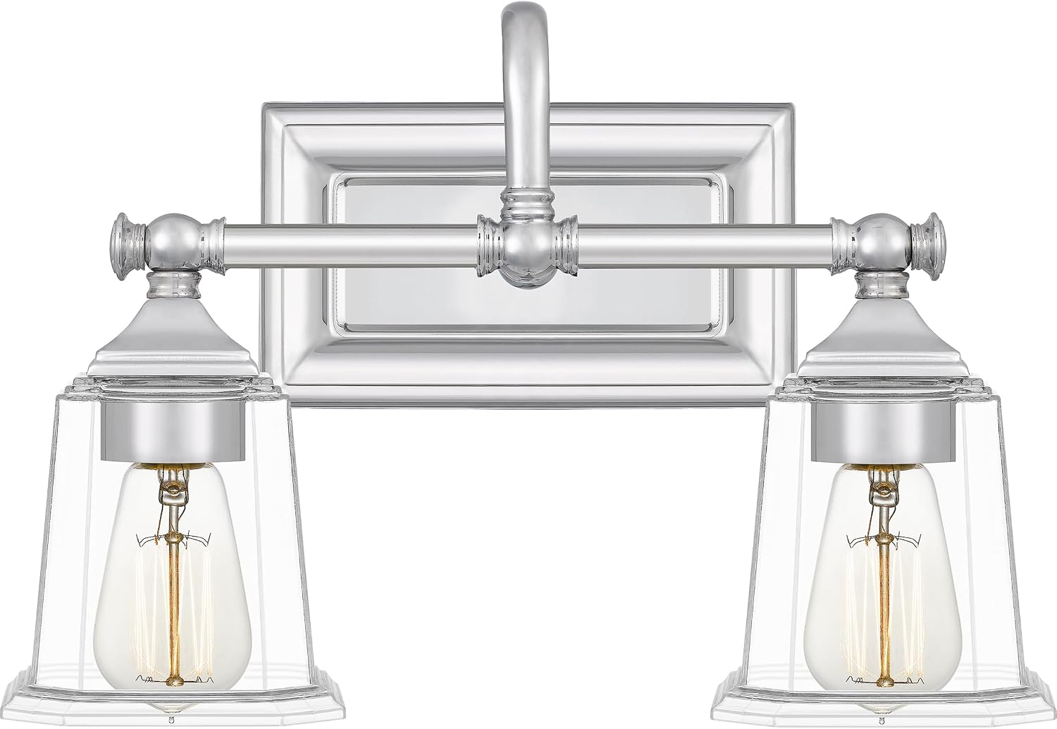 Quoizel Nicholas Vanity Lights, 15 Inch 2-Light Polished Chrome Bathroom Lighting Fixtures Over Mirror, 100W, Clear Glass, Mid-Century Wall Mount Light for Bathrooms, Kitchen or Hallway