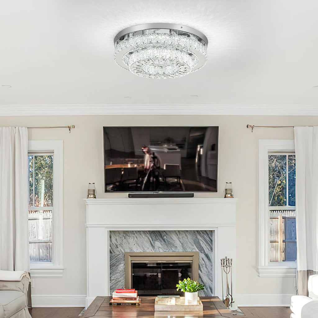 HOPGGIE 18' Crystal Chandelier 2-Layer Ceiling Light Fixture Flush Mount LED Large Chandelier Light for Living Room Dining Room Bedroom (Cool White)