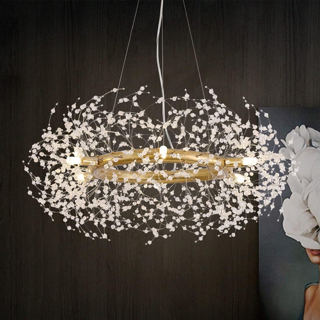Macarena Gold Crystal Chandelier Firework,Modern Round Dinning Room Light Fixture,16inch Wagon Wheel Light Fixture for Bedroom Living Room Closet Bathroom Kitchen Island Hallway Entryway