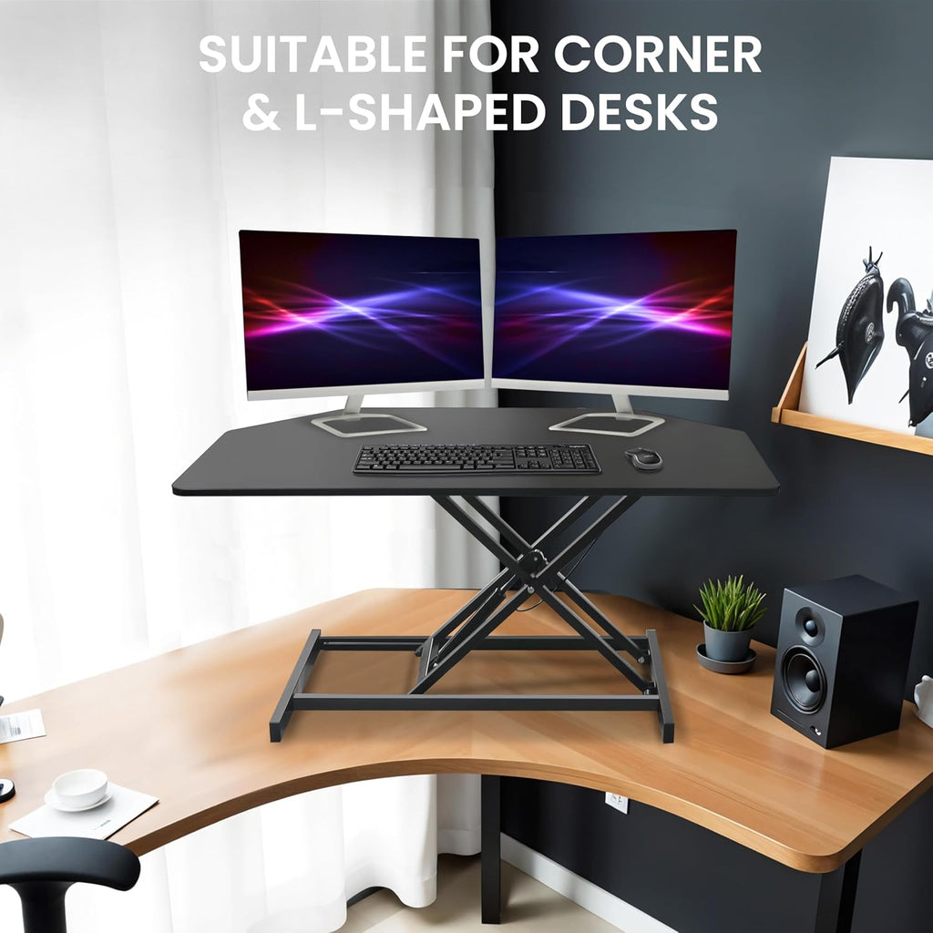 Aconcept 32 inch Black Corner Height Adjustable Standing Desk Converter, One-Click Sit to Stand up Desk Riser, Pre-Assembled for Dual Monitor and Laptop Workstation
