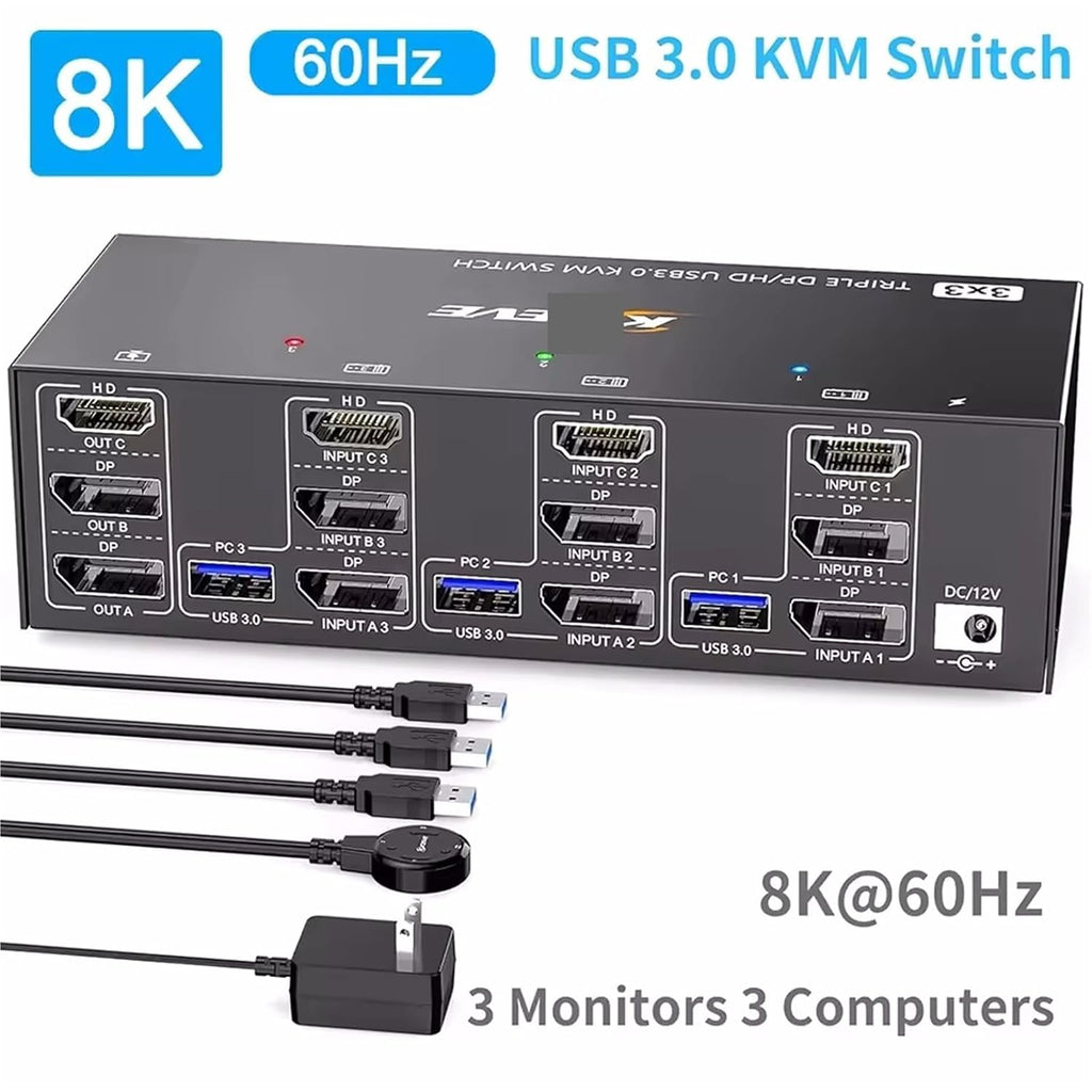 KVM Switch 3 Monitors 3 Computers 8K@60Hz 4K@144Hz, HDMI+2 Displayport KVM Switch Triple Monitor for 3 Computer Share 3 Monitor(US Plug)
