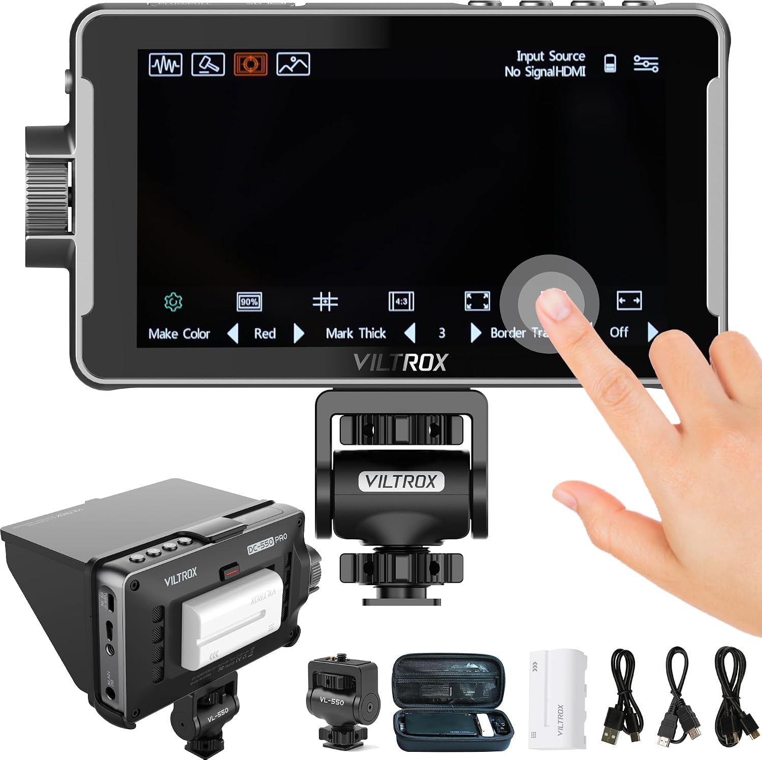 VILTROX Camera Field Monitor DC-550pro 5.5' Kit Touch Screen 4K HDMI DSLR Cameras Video Monitors with Sunshade Hood np-f550 Battery