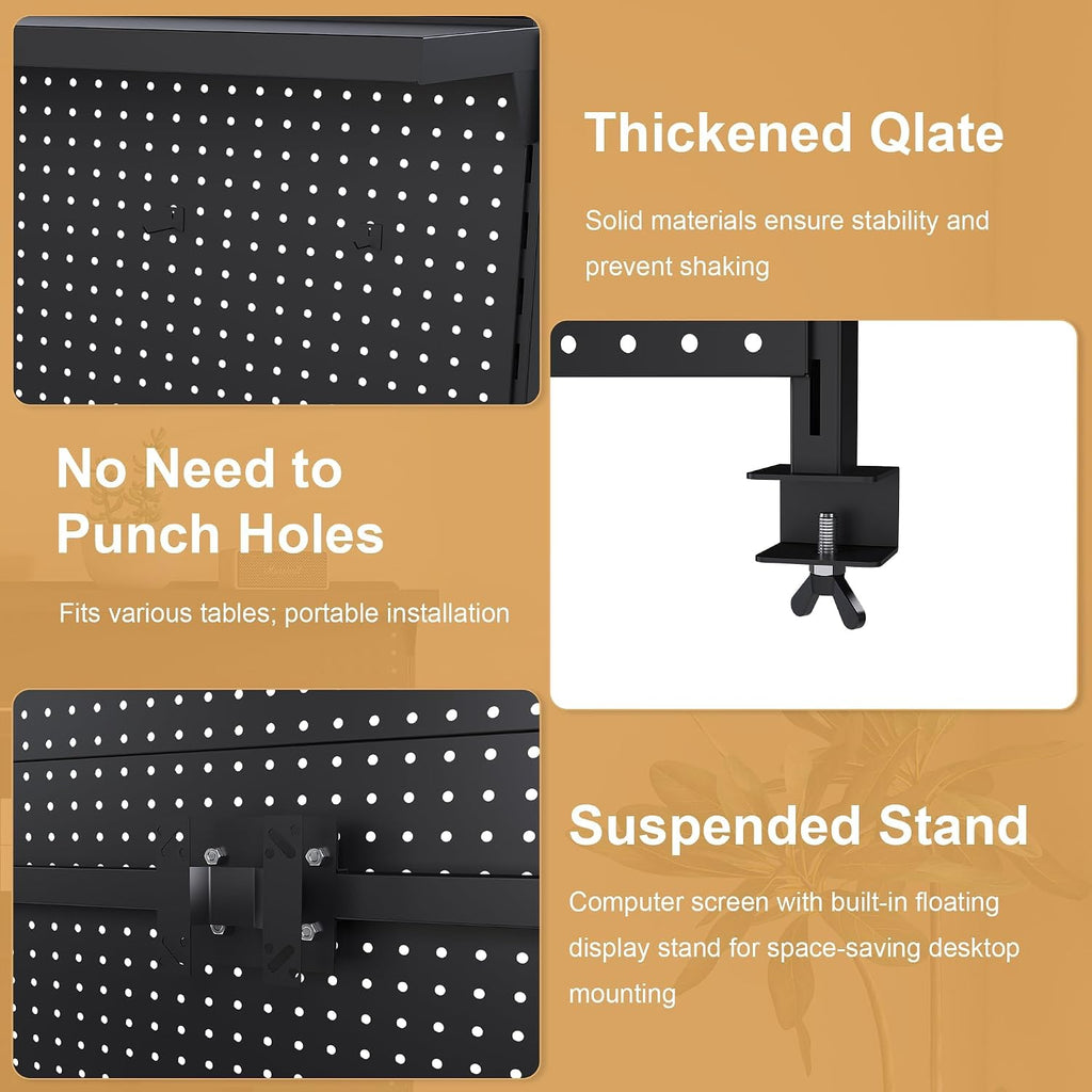 Clamp-On Metal Desk Pegboard with Dual Monitor Stand–No Drilling Needed! 59x35 Inch Steel Privacy Panel with Hooks & Movable Partition, Peg Board Wall Organizer for Gaming & Office