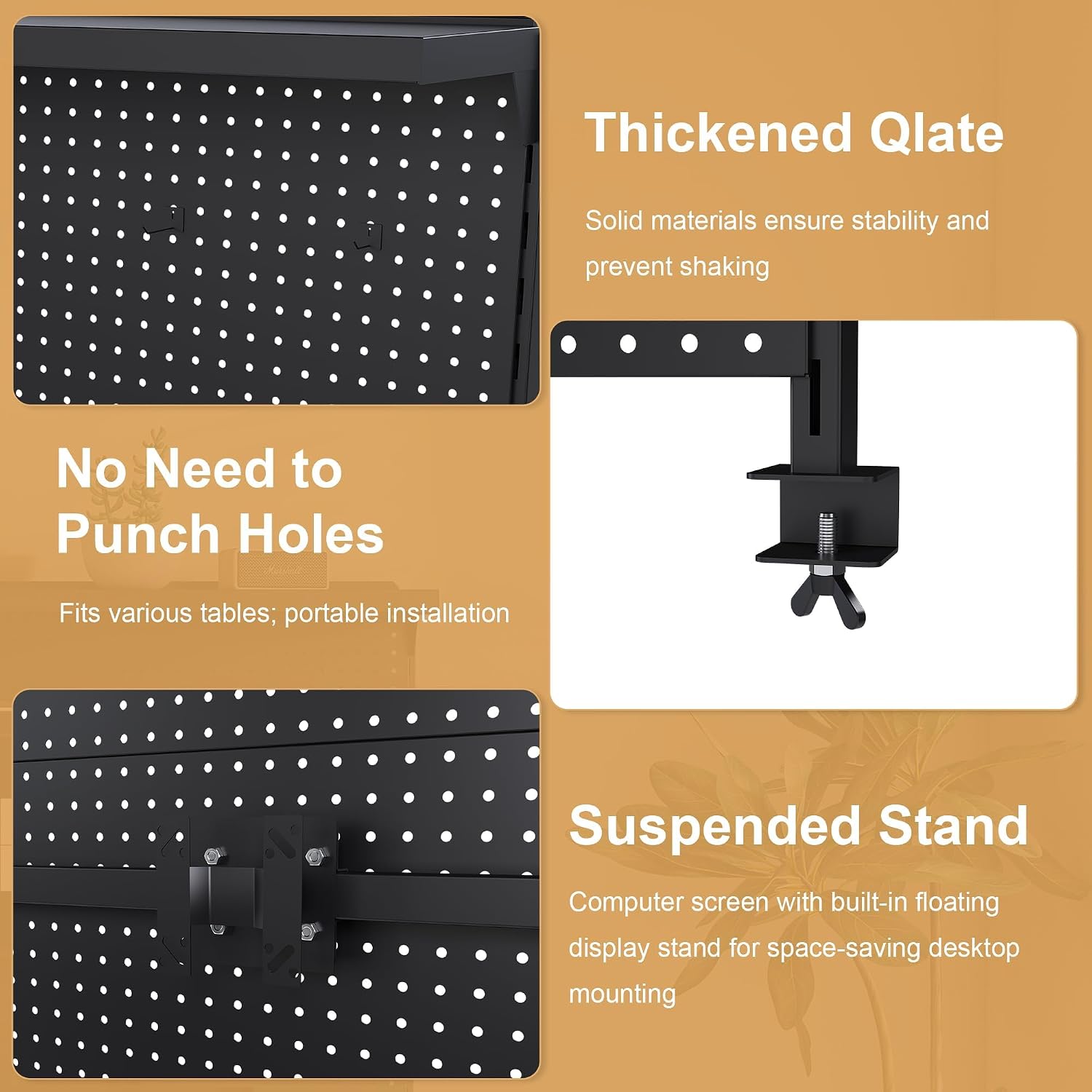 Clamp-On Metal Desk Pegboard with Dual Monitor Stand–No Drilling Needed! 59x35 Inch Steel Privacy Panel with Hooks & Movable Partition, Peg Board Wall Organizer for Gaming & Office