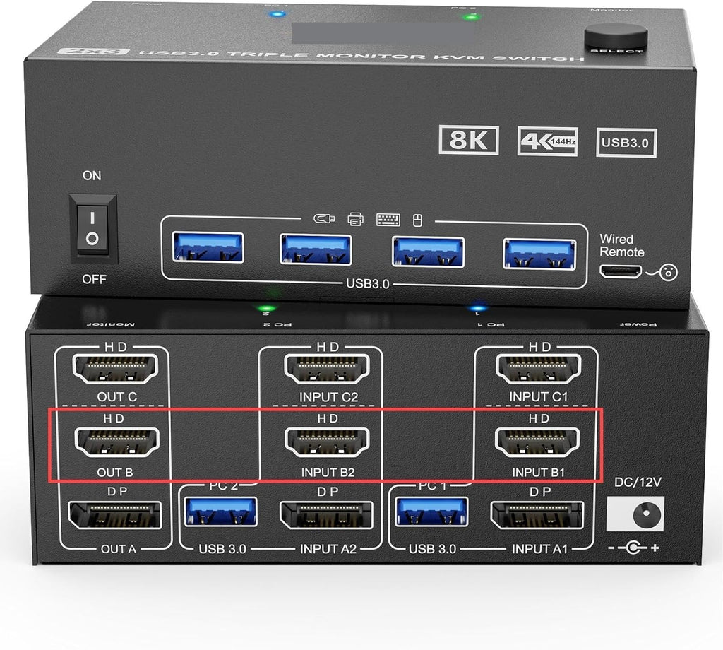 8K Triple Monitor KVM Switch 3 Monitors 2 Computers, 2 Displayport + HDMI USB3.0 KVM Switch with 4 USB 3.0 Port for Keyboard(203DH-3)