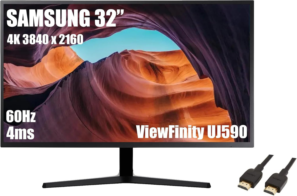 SAMSUNG 32' ViewFinity UJ59 Series Monitor, 4K UHD (3840x2160) Display, 60Hz, 4ms, AMD FreeSync, HDMI/Display Port, Eye Saver/Flicker Free Mode, Dark Gray/Blue, with MTC HDMI Cable