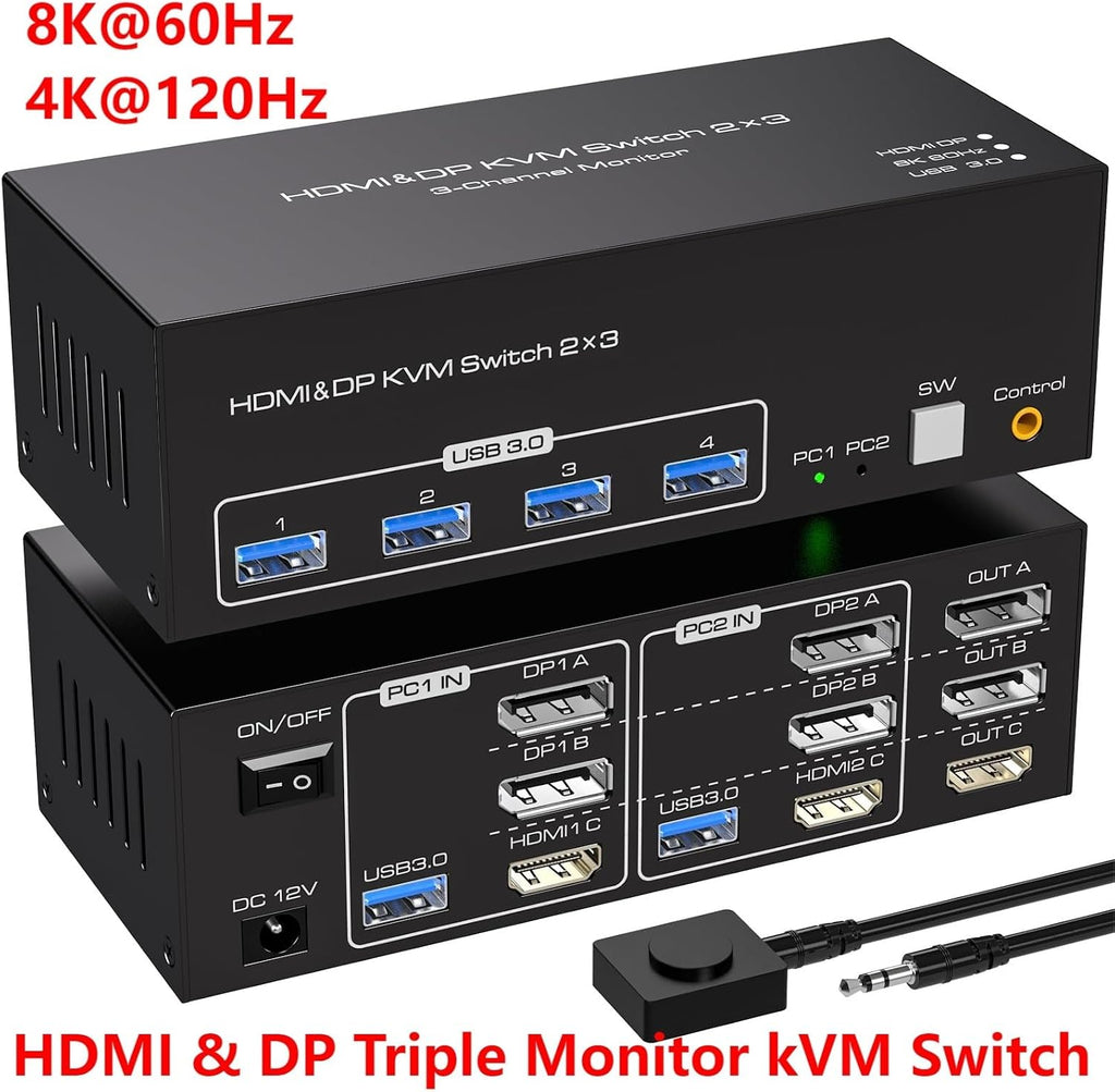 8K Triple Monitor KVM Switch HDMI & Displayport & USB 3.0 KVM Switch for 2 PC Share 1 Set of Keyboard Mouse Printer Hard Disk(DP HDMI KVM Switch,with US Plug)