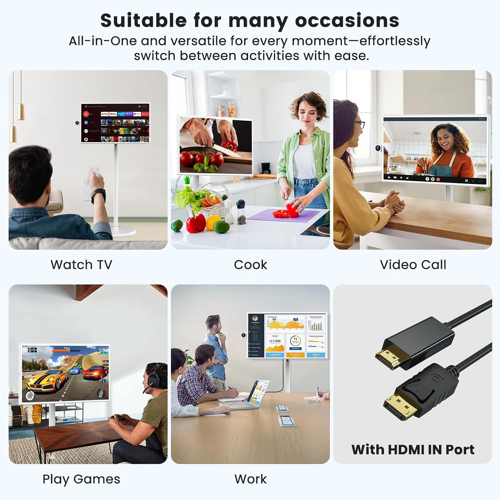 BIGASUO 32' Smart Portable TV on Wheels, 1080P FHD Touchscreen Monitor, 8GB RAM 128GB ROM, Android 13 OS, Rolling TV with Built-in 6H Battery, Full Swivel Rotation, Remote Control, White Design
