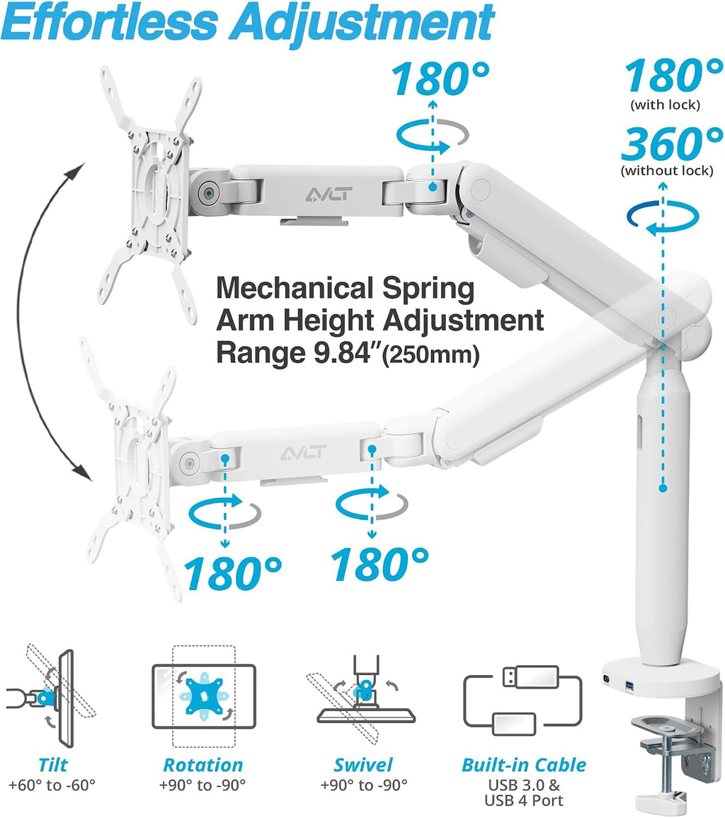 AVLT Single 17'-40' Ultrawide 3-Segment Easel Monitor Arm for Screens Up to 24.3 lbs, Aluminum Designer Stand, Adjustable Pneumatic Height, Full Motion Swivel Tilt Rotation, USB-C&A Ports, White