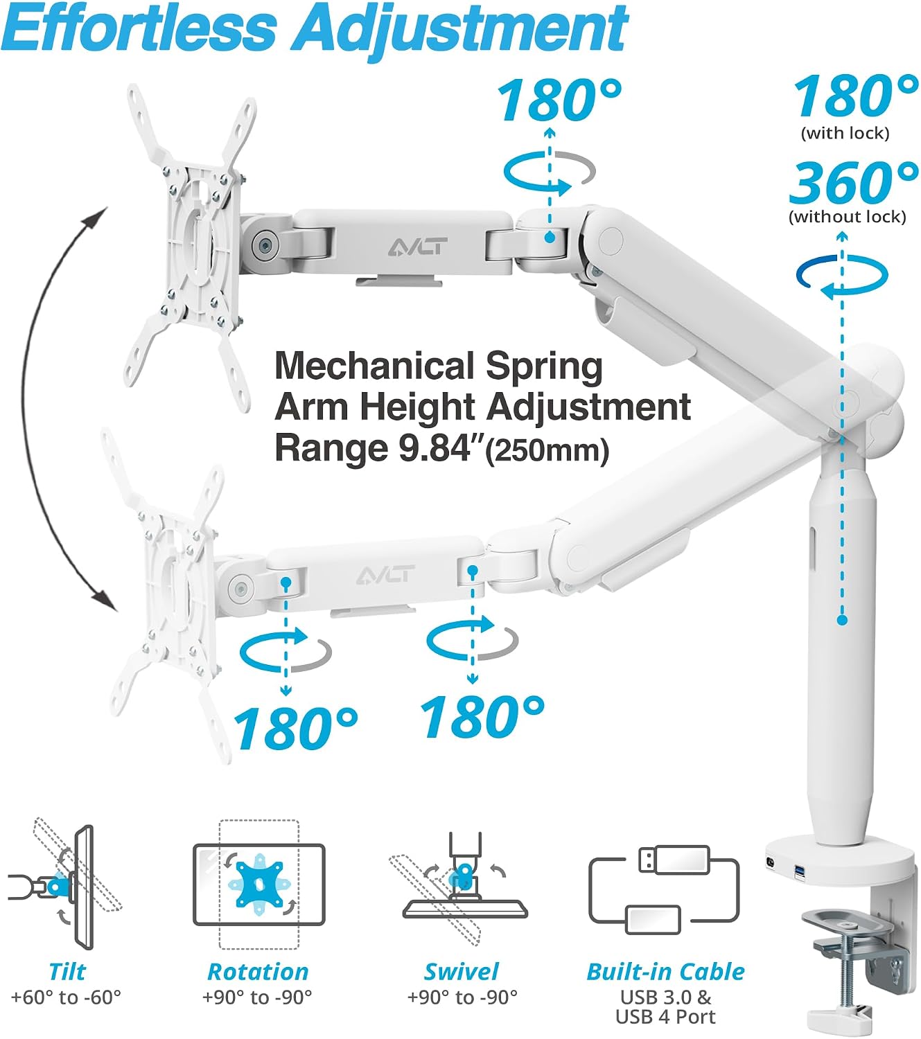 AVLT Single 17'-40' Ultrawide 3-Segment Easel Monitor Arm for Screens Up to 24.3 lbs, Aluminum Designer Stand, Adjustable Pneumatic Height, Full Motion Swivel Tilt Rotation, USB-C&A Ports, White