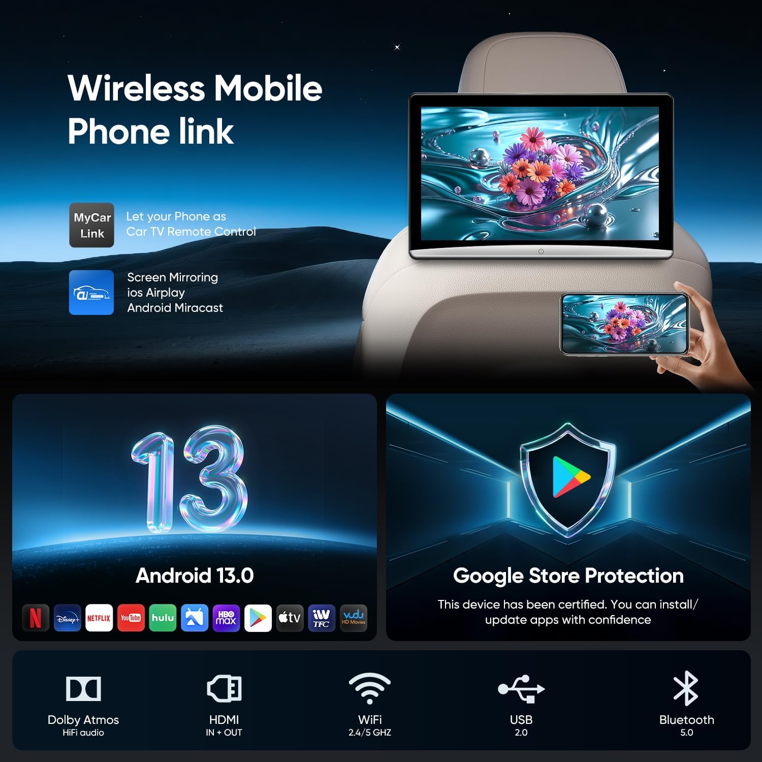 10.8inch Android Portable Car TV Headrest Monitor Tablet for Cars Back seat Support Phone Wireless mirroring Touchscreen with WiFi/Bluetooth/HDMI/USB/Video Player(10.8'' 2G+32G 2Pack)