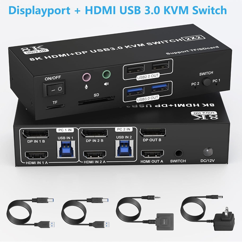 4K Dual Monitor DP2.0 KVM Switch 8K USB 3.0 HDMI Displayport KVM Switch 2 in 2 Out Mixed Display 2 Monitor 2 Computer(1HDMI 1DP,EU Power Adapter)