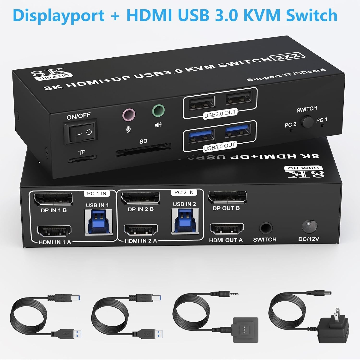 4K Dual Monitor DP2.0 KVM Switch 8K USB 3.0 HDMI Displayport KVM Switch 2 in 2 Out Mixed Display 2 Monitor 2 Computer(1HDMI 1DP,EU Power Adapter)