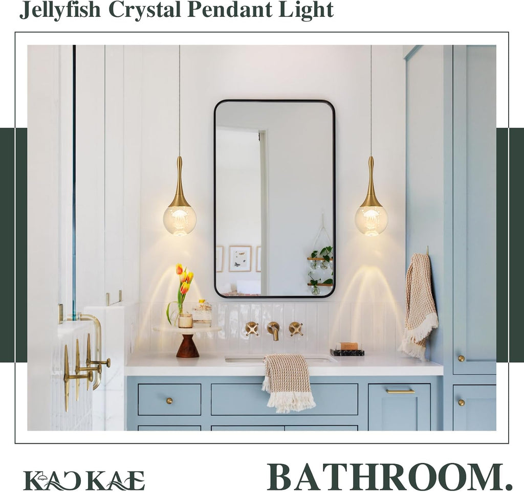 LED Pendant Light Kitchen Island Jellyfish Crystal Pendant Lights Dimmable Gold Modern Hanging Light for Bedroom Bathroom Living Room 3000K Warm White, 3 Pack