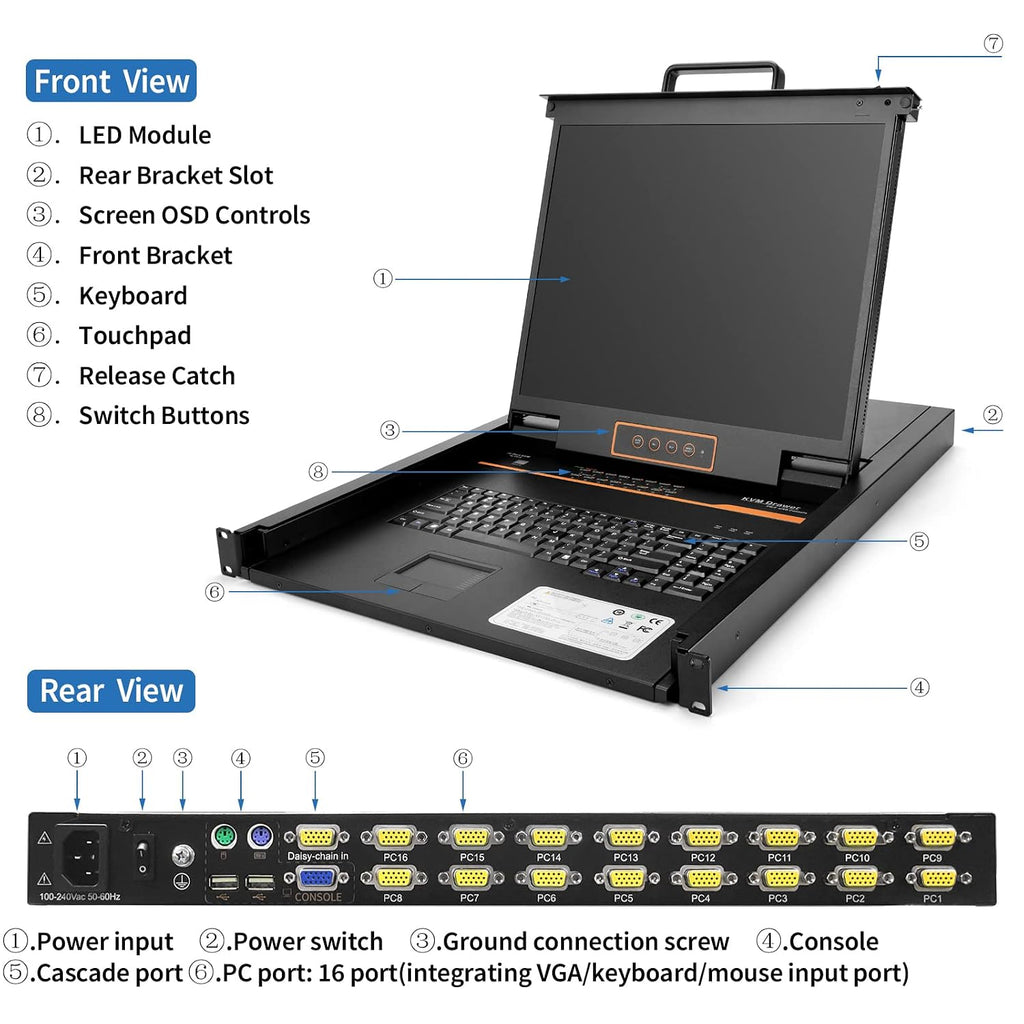 1U Rack Mount KVM Console Built-in 16 Port VGA KVM Switch, 19' Rackmount Monitor, Keyboard and Touchpad,OSD/Hotkey/Button Switching,1280X1024@60Hz, 5:4 Aspect Ratio,Incl. VGA KVM Cables, Fits 19' Rack