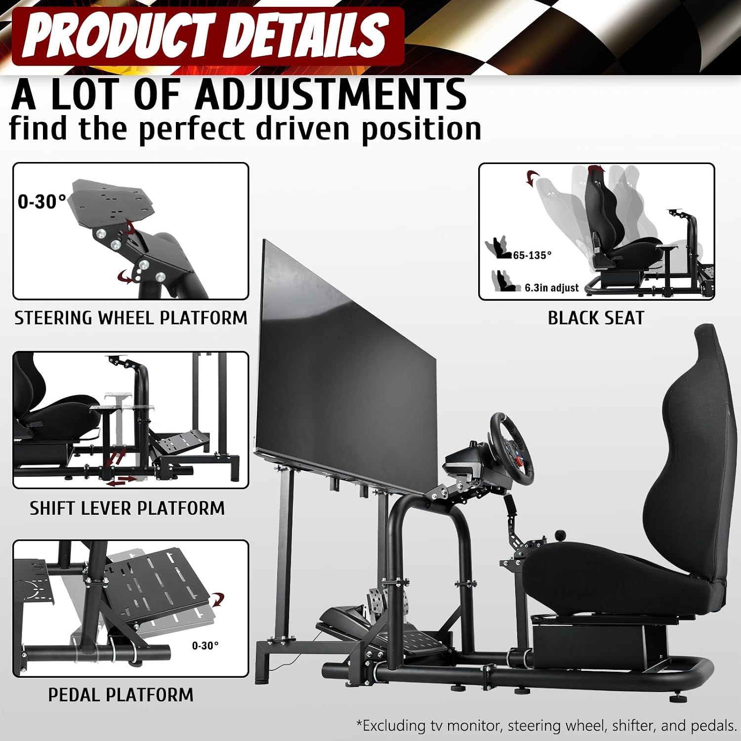Supllueer Racing Simulator Cockpit Black Seat Stand with Black Seat and Monitor Mount Fit for Logitech G923 G29 G920, for Thrustmaster T248 T300,Excluding Steering Wheel Shift Lever Pedal Display