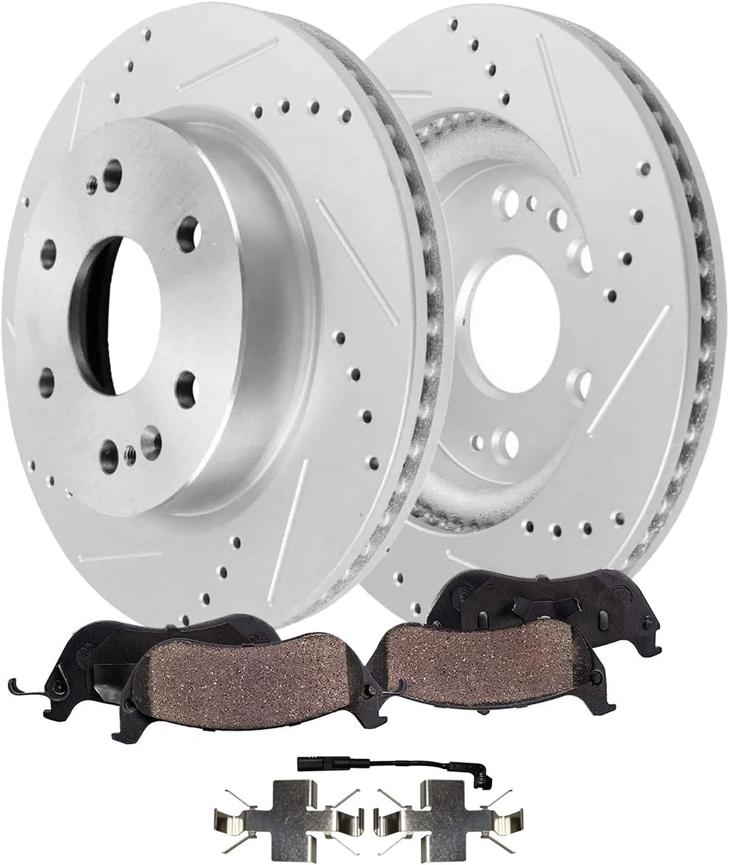 Detroit Axle - Front Brake Kit for Chevy GMC Silverado Sierra 1500 Tahoe Yukon XL Cadillac Escalade ESV Drilled and Slotted Disc Brakes Rotors Ceramic Brake Pads Replacement : 13.50' inch Rotor
