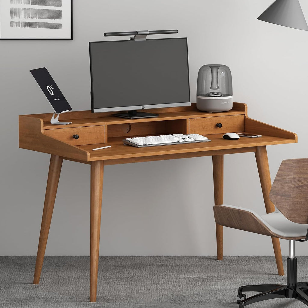 Mid Century Modern Desk, 51' Wood Home Office Writing Computer or Laptop Desk with Monitor Stand Riser and Open Storage Cubby, Vanity Desk with 2 Drawers (51.2'×25.6')