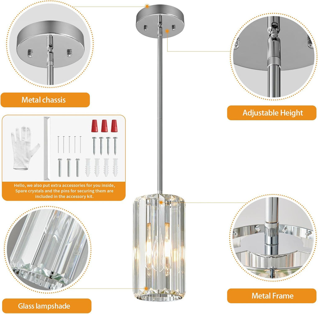 Chrome Pendant Lighting Modern Pendant Light Mini Crystal Chandeliers Adjustable Pendant Light Fixture for Kitchen Island Dinning Room Corridor Bedroom(Chorme 2-Pack)