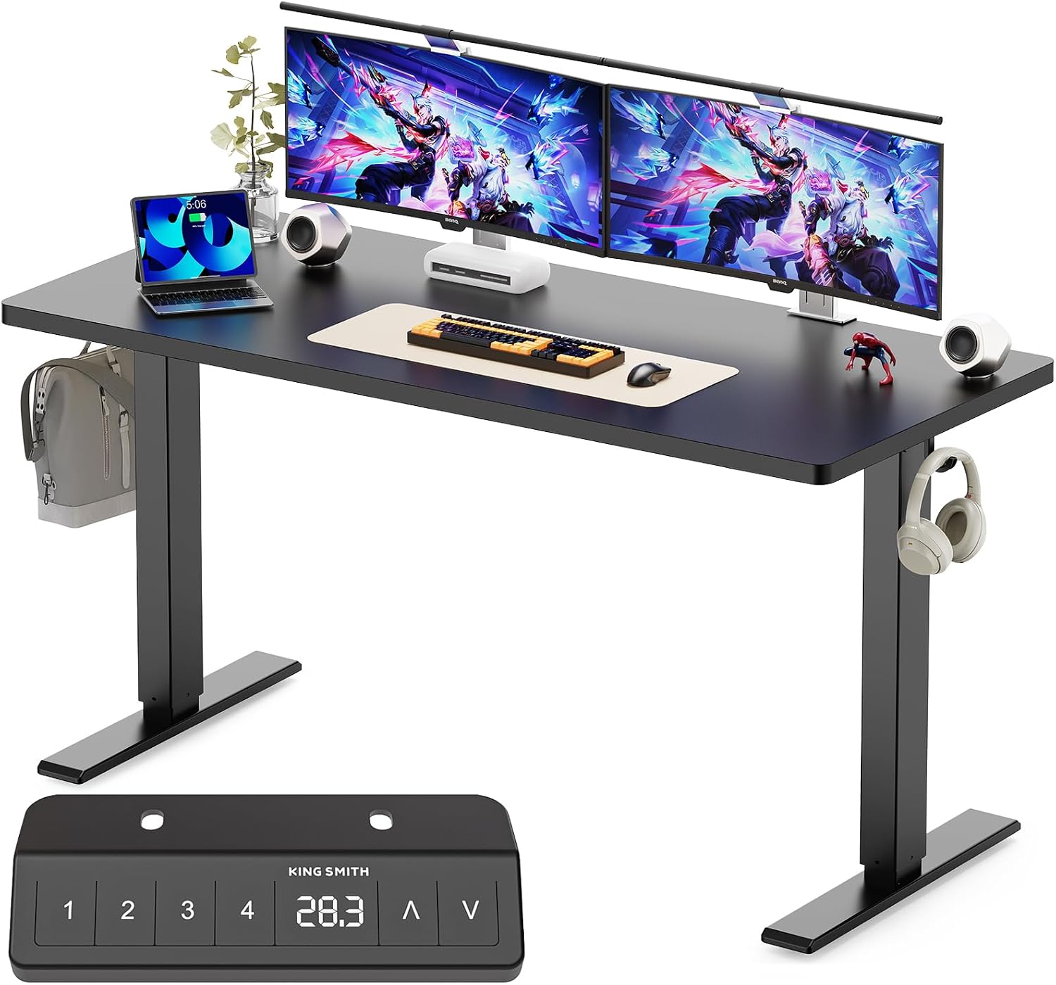WALKINGDESK 48x24 Inches Height Adjustable Electric Standing Desk with 2 Hooks for Home Office, Ergonomic Sit Stand up Desk with Splice Board, Black