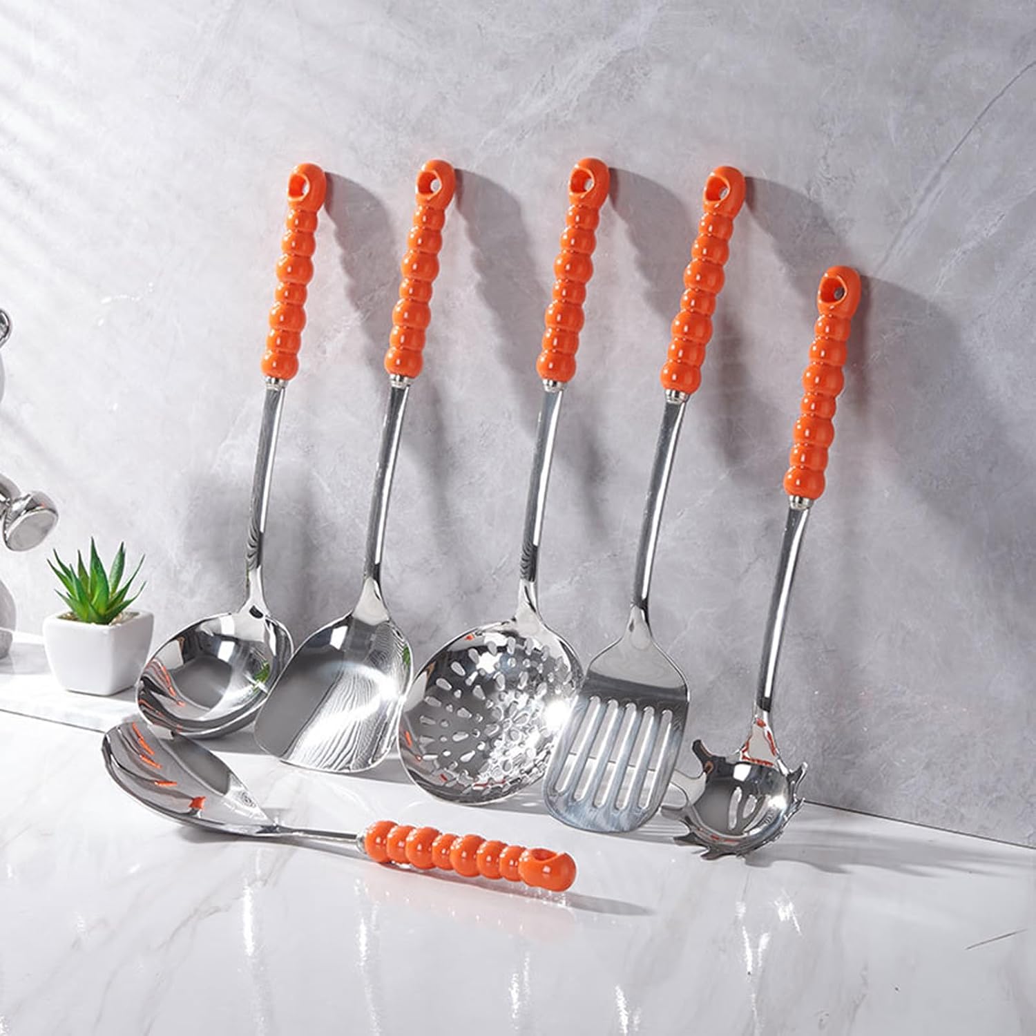 Cooking Utensils Set 7 Pcs with Hanging Shelf Stainless Steel Kitchenware Cookware Set with Ceramic Handle Include Slotted Spoon Slotted Spatula Large Spoon Soup Ladle Spatula Pasta Spoon, Pink