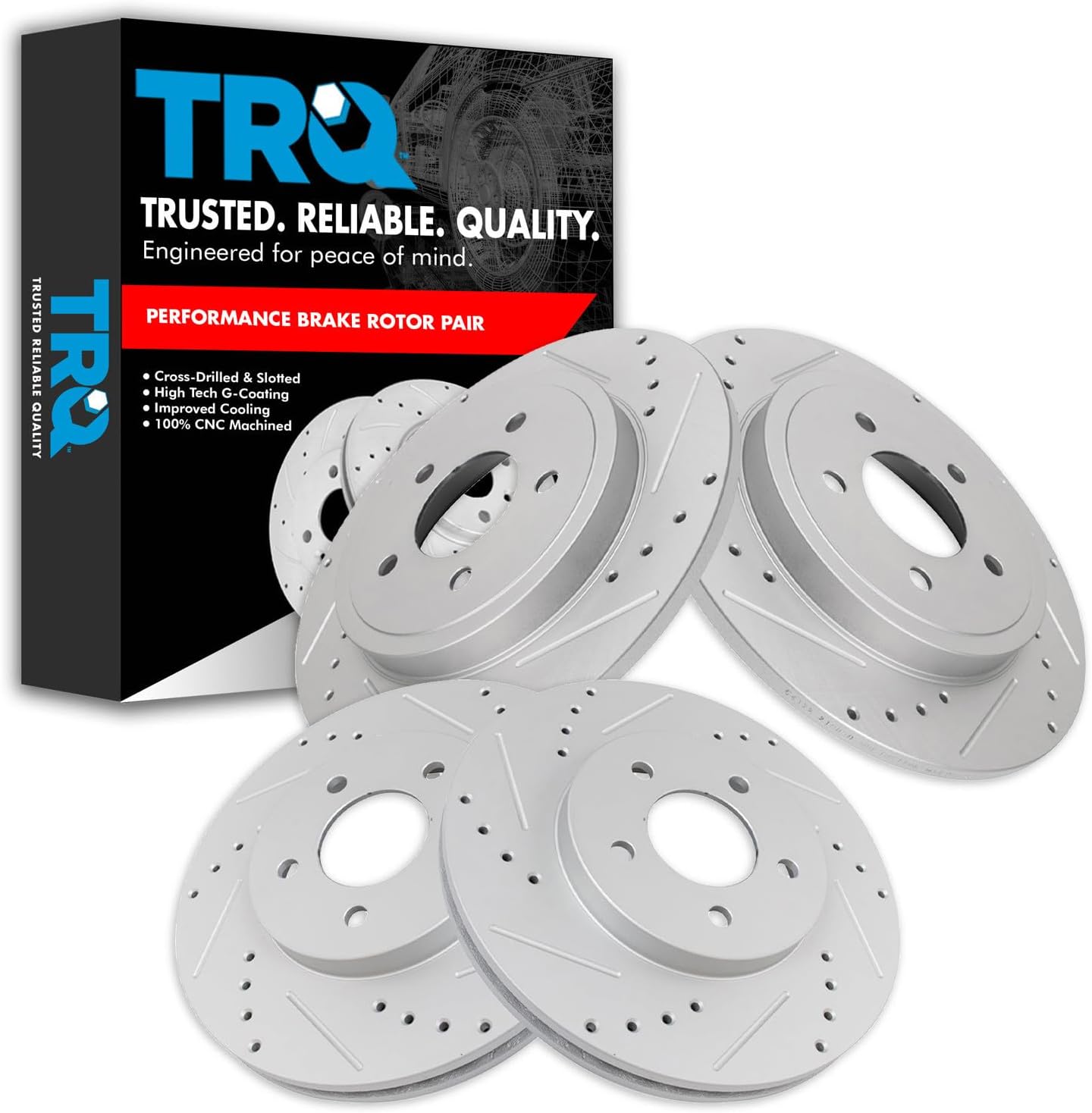 TRQ Performance Front and Rear Brake Rotor Set G Coated Drilled Slotted Compatible with 2005-2008 Ford Escape 2005-2008 Mazda Tribute 2005-2008 Mercury Mariner